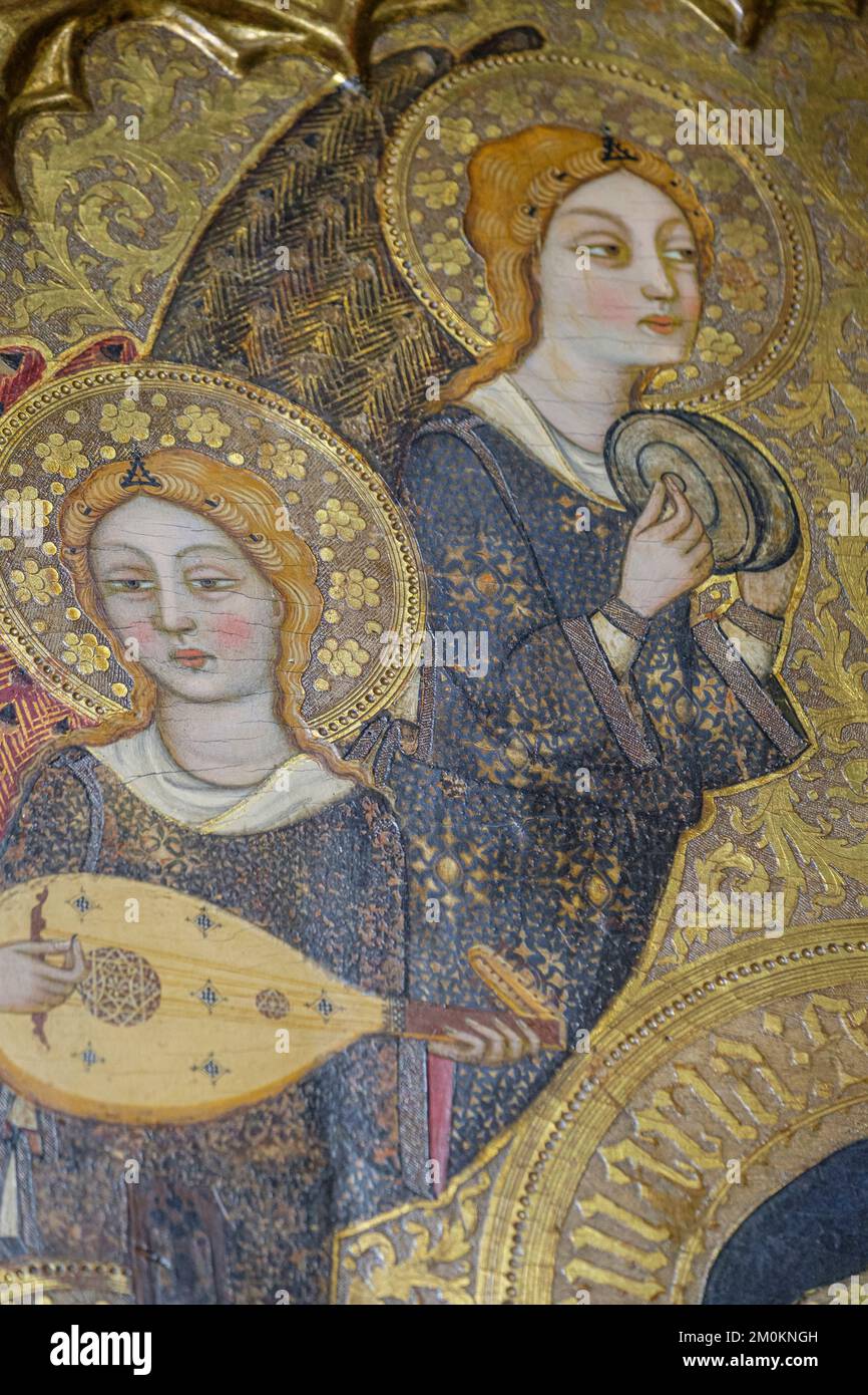 angels with lute and angel with cymbals, Mother of God of humility with musical angels altarpiece, Francesc Comes, 1390-94, Parish of La Mare de Deu d Stock Photo