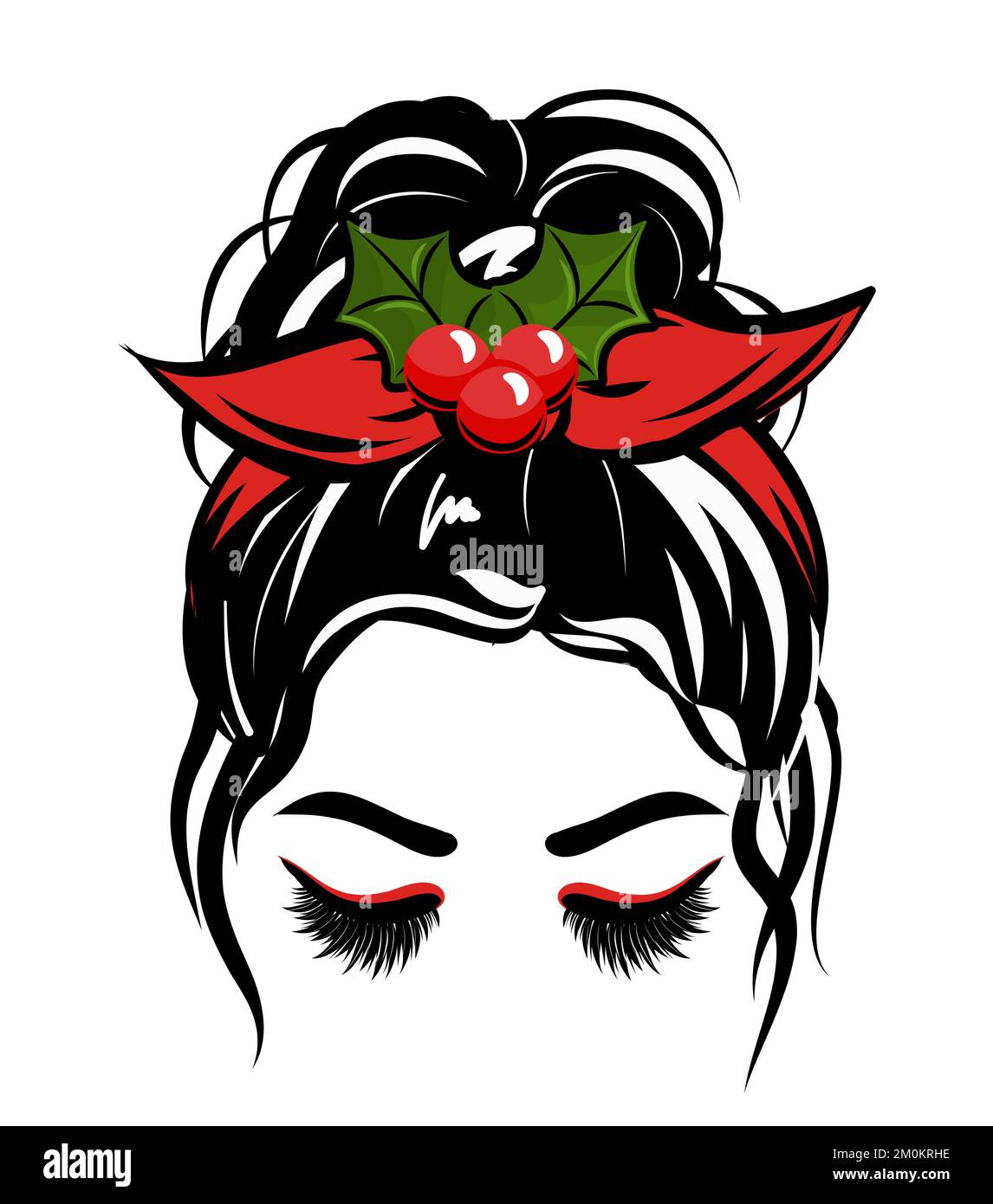 Beautiful woman with beautiful lashes and red bandana with holly. Lady Mom with messy bun, getting stuff done. Fashion illustration for t shirt. Chris Stock Vector