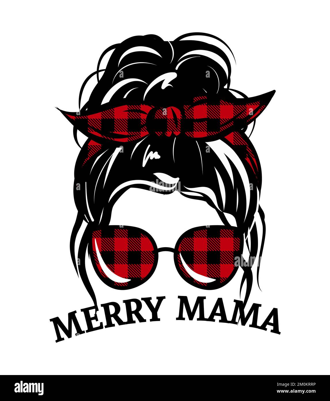 Beautiful woman with beautiful lashes and red bandana. Lady Mom with messy bun, getting stuff done. Fashion illustration for t shirt. Christmas design Stock Vector