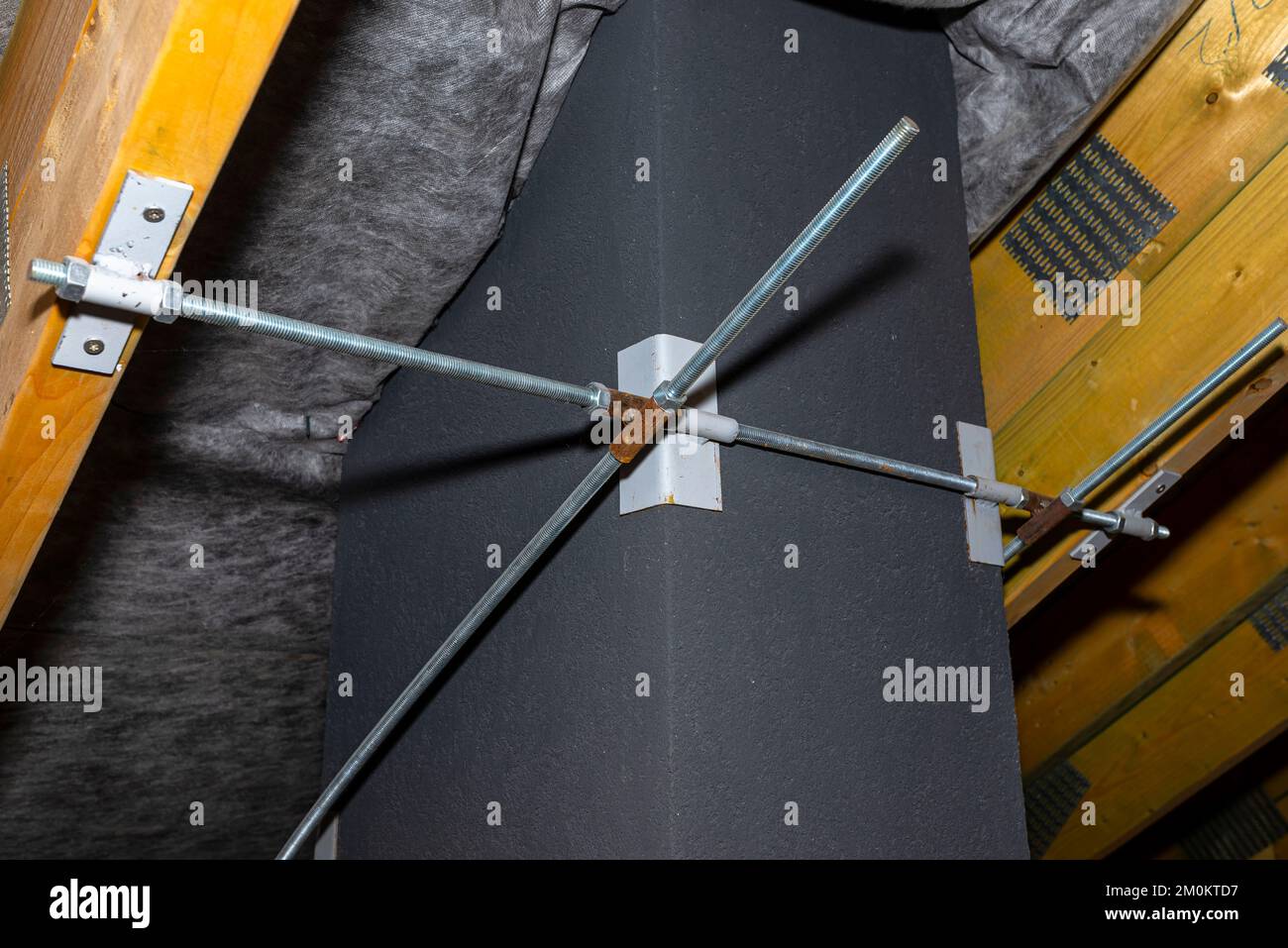 Steel fixing of the ceramic chimney to the trusses inside the attic ...