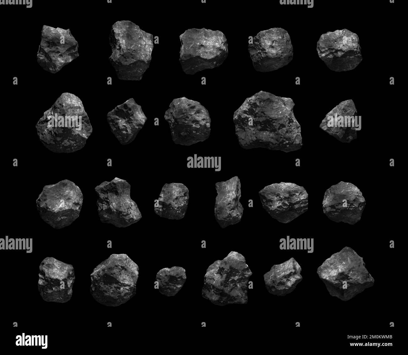 Set of asteroids isolated on black. Meteorites. High resolution. Asteroids isolated on pure black for ease of use and integration into your design. Stock Photo