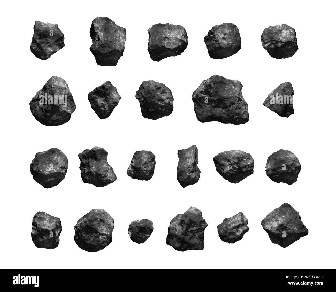 Set of asteroids isolated on white. Meteorites. High resolution.  Asteroids isolated on pure black for easy of use and integration into your design. Stock Photo