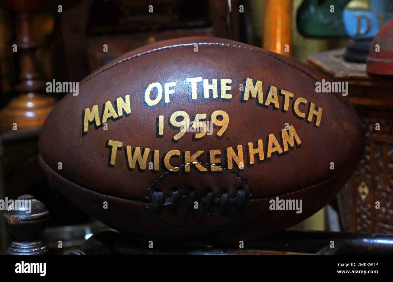 Leather Rugby Union Ball, 1959 , 1955, England v France match, Twickenham, London, UK - five nations tournament Stock Photo