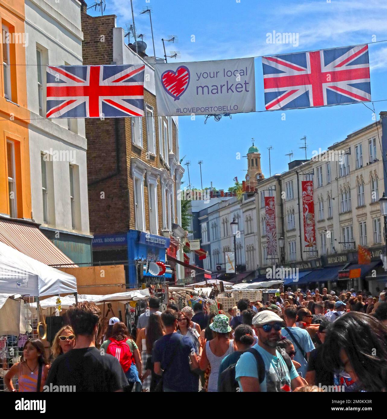 Summer Saturday, busy Portobello Road Market, Notting Hill, London, England, UK, W11 1LA Stock Photo