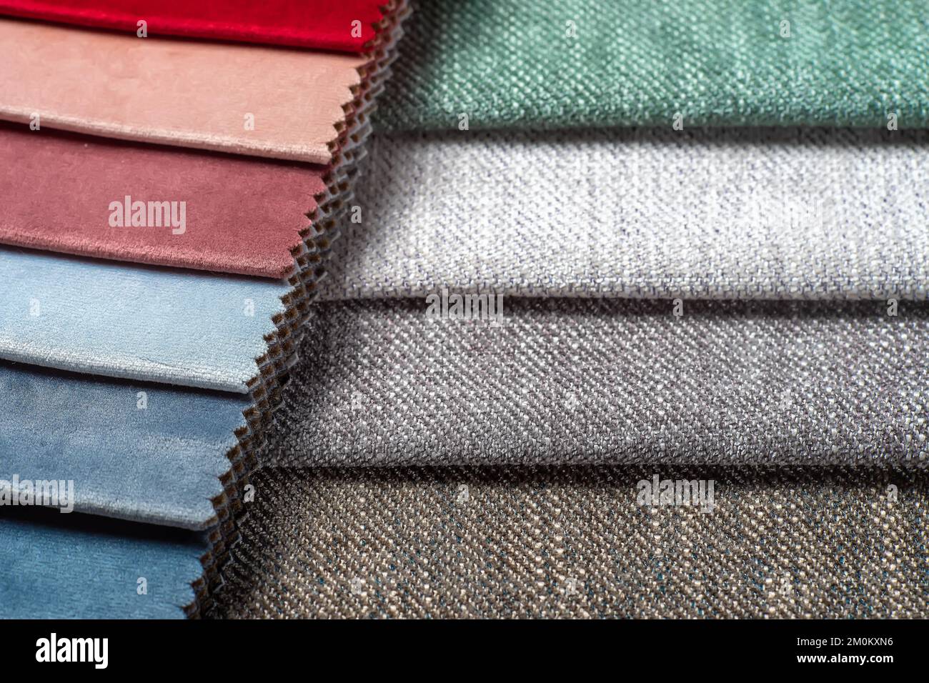 Bright collection of colorful textile samples. Fabric swatches, set in ...
