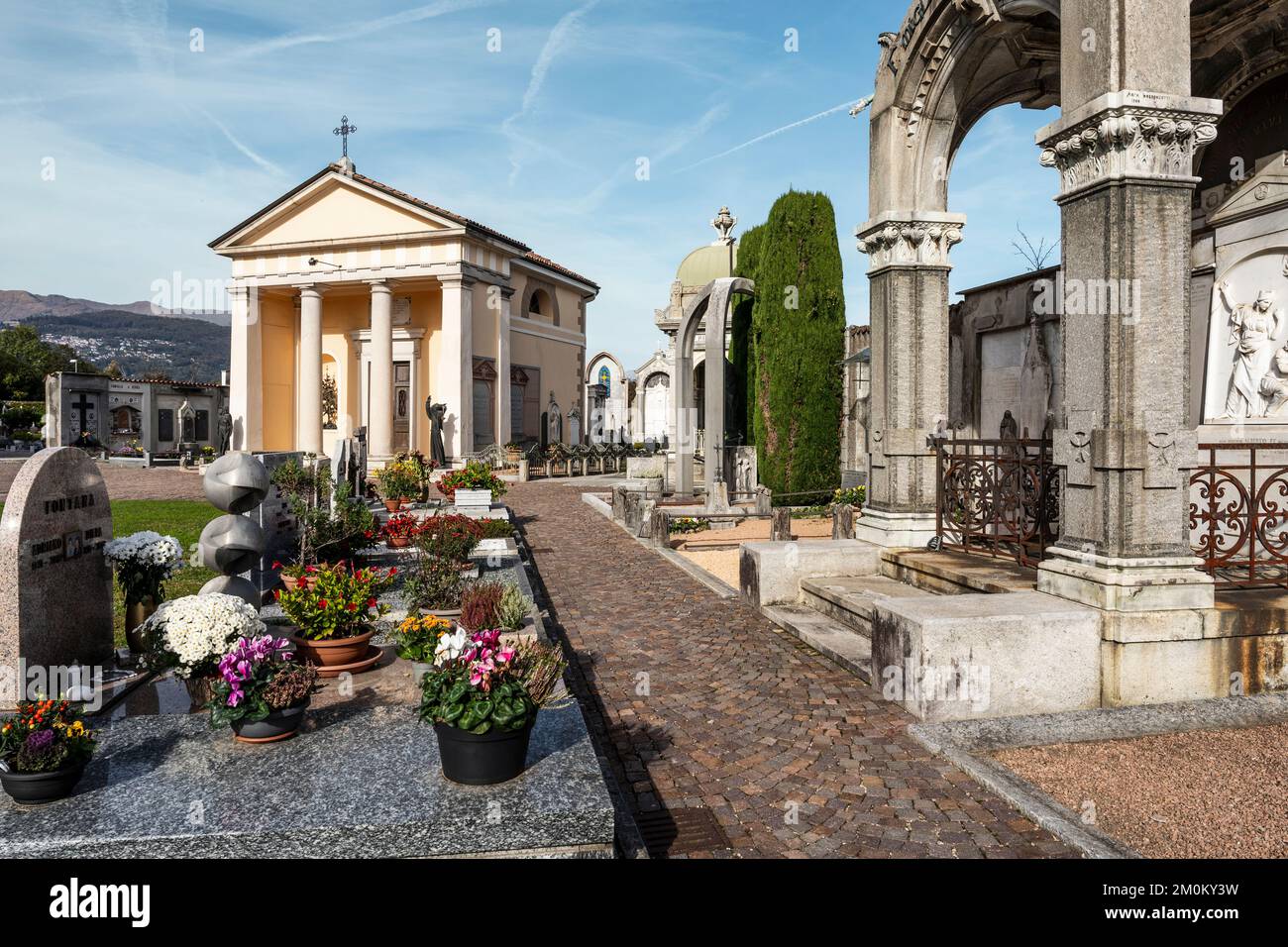Cemetery of Saint Abundius, graveyard of Montagnola, a Swiss village in Collina d'Oro municipality, canton of Ticino, Switzerland Stock Photo