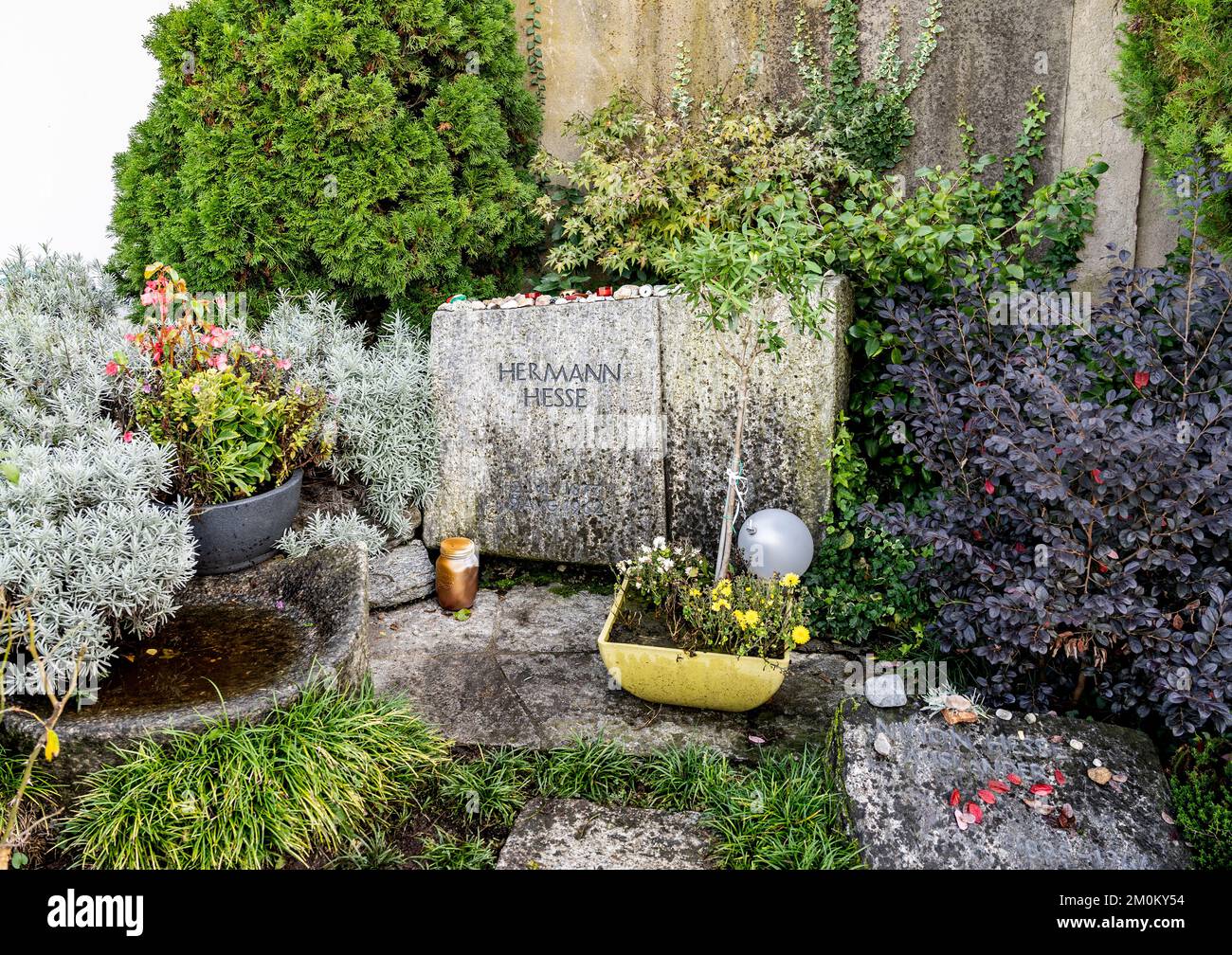 Grave of Hermann Hesse, cemetery of Saint Abundius, in Montagnola, Swiss village in Collina d'Oro municipality, canton of Ticino, Switzerland Stock Photo
