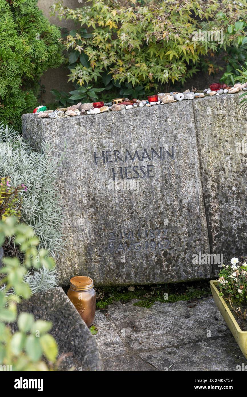 Grave of Hermann Hesse, cemetery of Saint Abundius, in Montagnola, Swiss village in Collina d'Oro municipality, canton of Ticino, Switzerland Stock Photo
