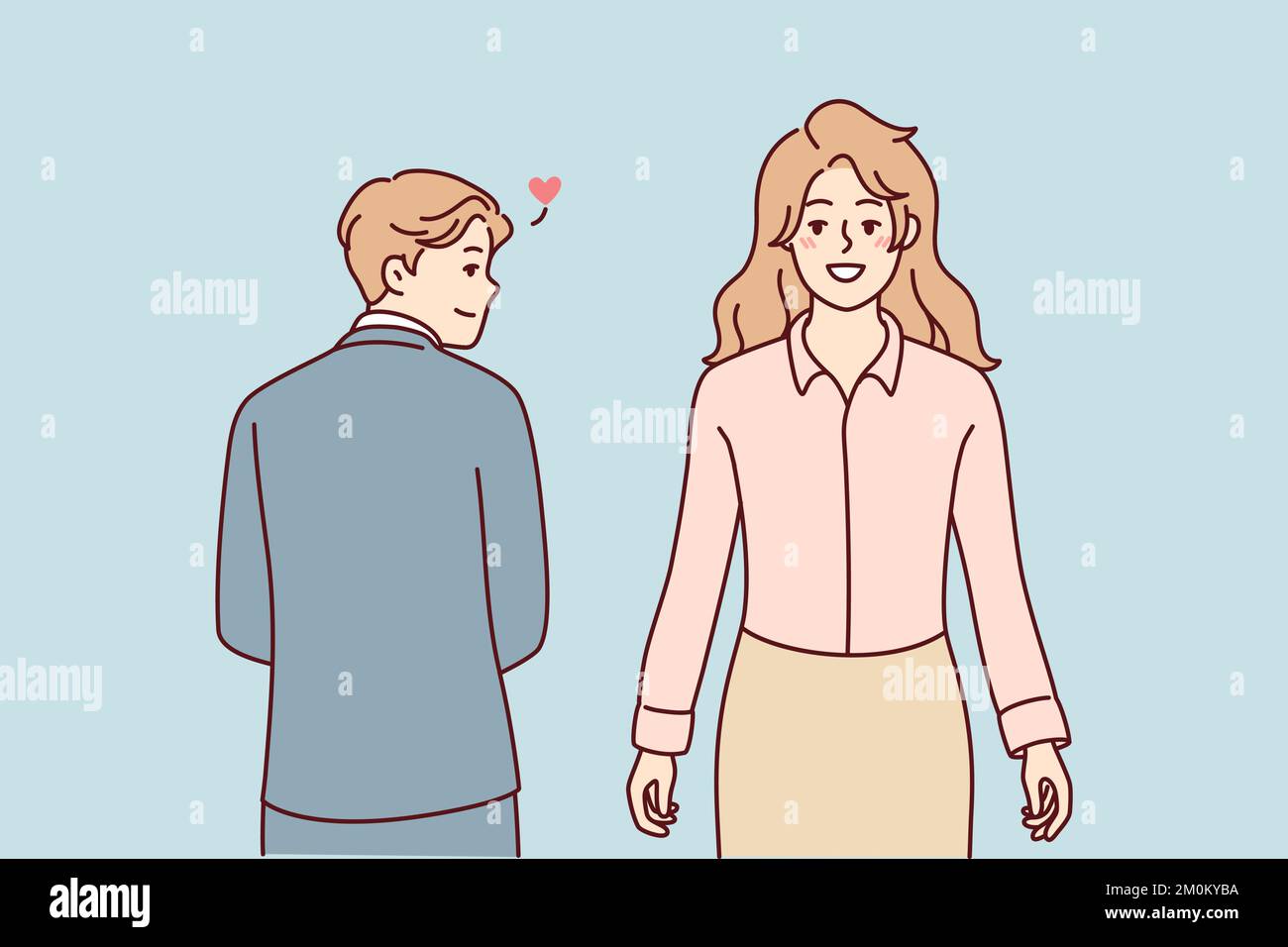 Man in business clothes looks back at beautiful woman having loving feelings for work colleague. Concept office romance between guy and girl who are employees of same company. Flat vector image Stock Vector