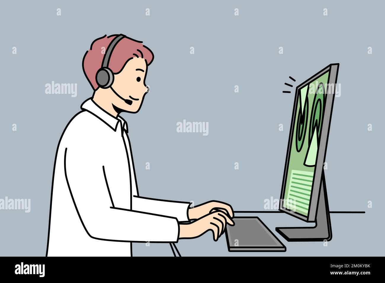 Web designer in headset works at computer. Man programmer in headphones sits at desk, types on keyboard in front of monitor screen, programming. Customer support. Vector minimalistic modern design. Stock Vector