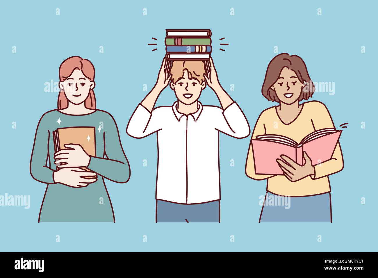 Man and two women students with books from library preparing for exams for university entrance. Set high school pupil people or teachers with textbooks for educational concept. Flat vector image Stock Vector