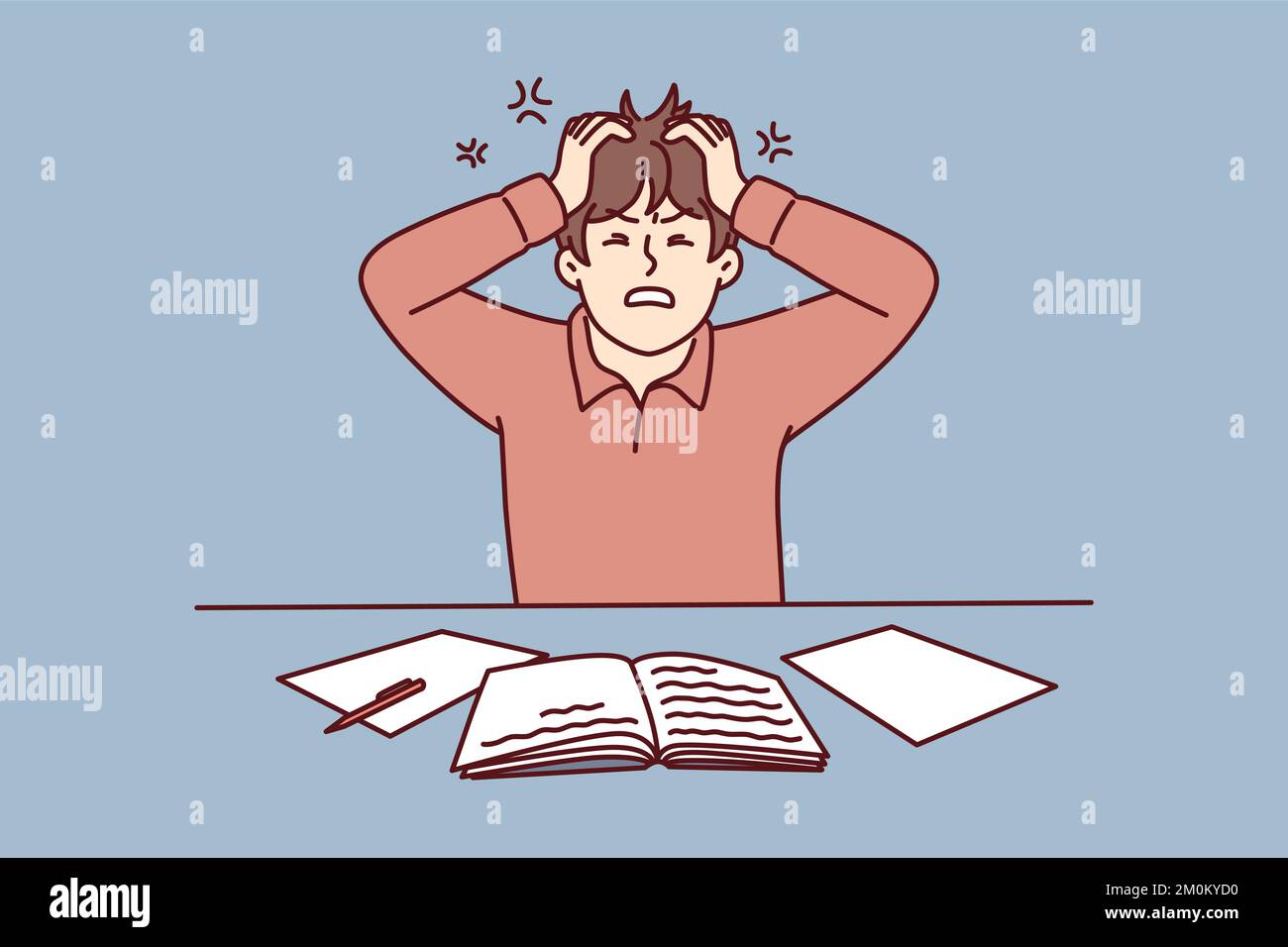 Angry man clutching head sitting at table with workbooks suffering from nervous work or impossible deadlines. Young guy student chafe after made mistake during learning. Flat vector illustration Stock Vector