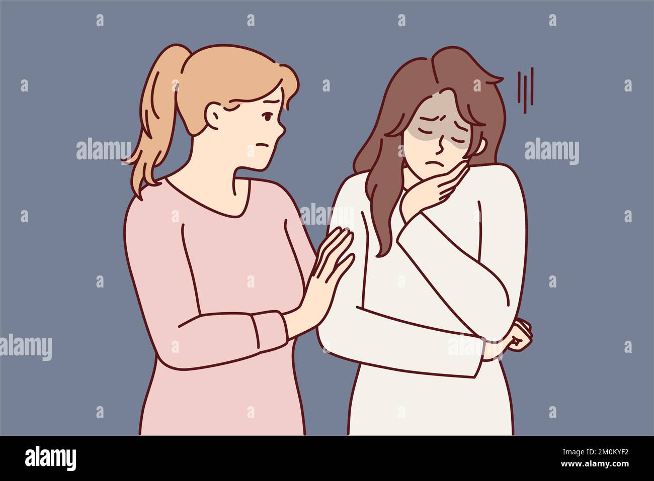 Woman comforting girl friend who is sad and stressed after bullying or toxic relationship. Lady suffers from depression and needs help of psychologist due to problems at work. Flat vector image Stock Vector