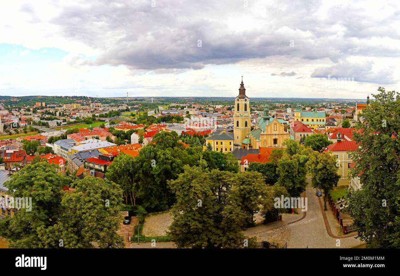 Panoramic skyline aerial view of Przemysl city, Subcarpathian (Podkarpackie) Voivodeship, Poland. Przemysl Cathedral with old town and San River on ba Stock Photo
