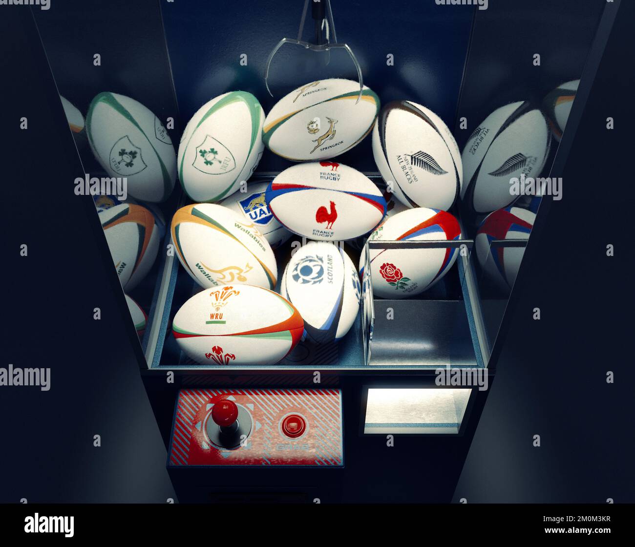 A concept 3D render of a arcade claw grab game filled with rugby balls imprinted with the top tier rugby nations colors and logos - December 7, 2022 i Stock Photo