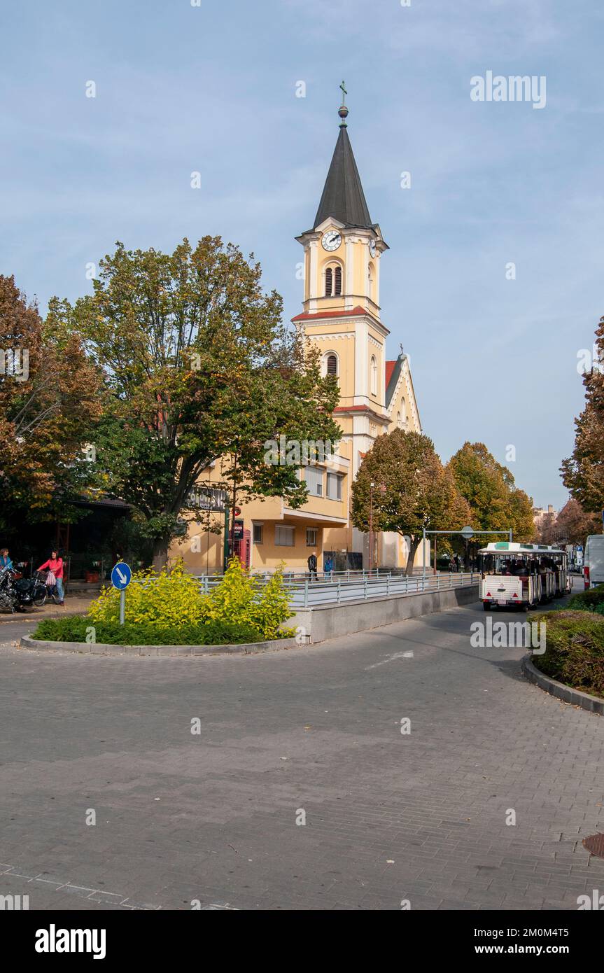 Roman Catholic Visitation of the Blessed Virgin Mary Parish Church at Fo ter, main square, Siofok, Hungary Stock Photo