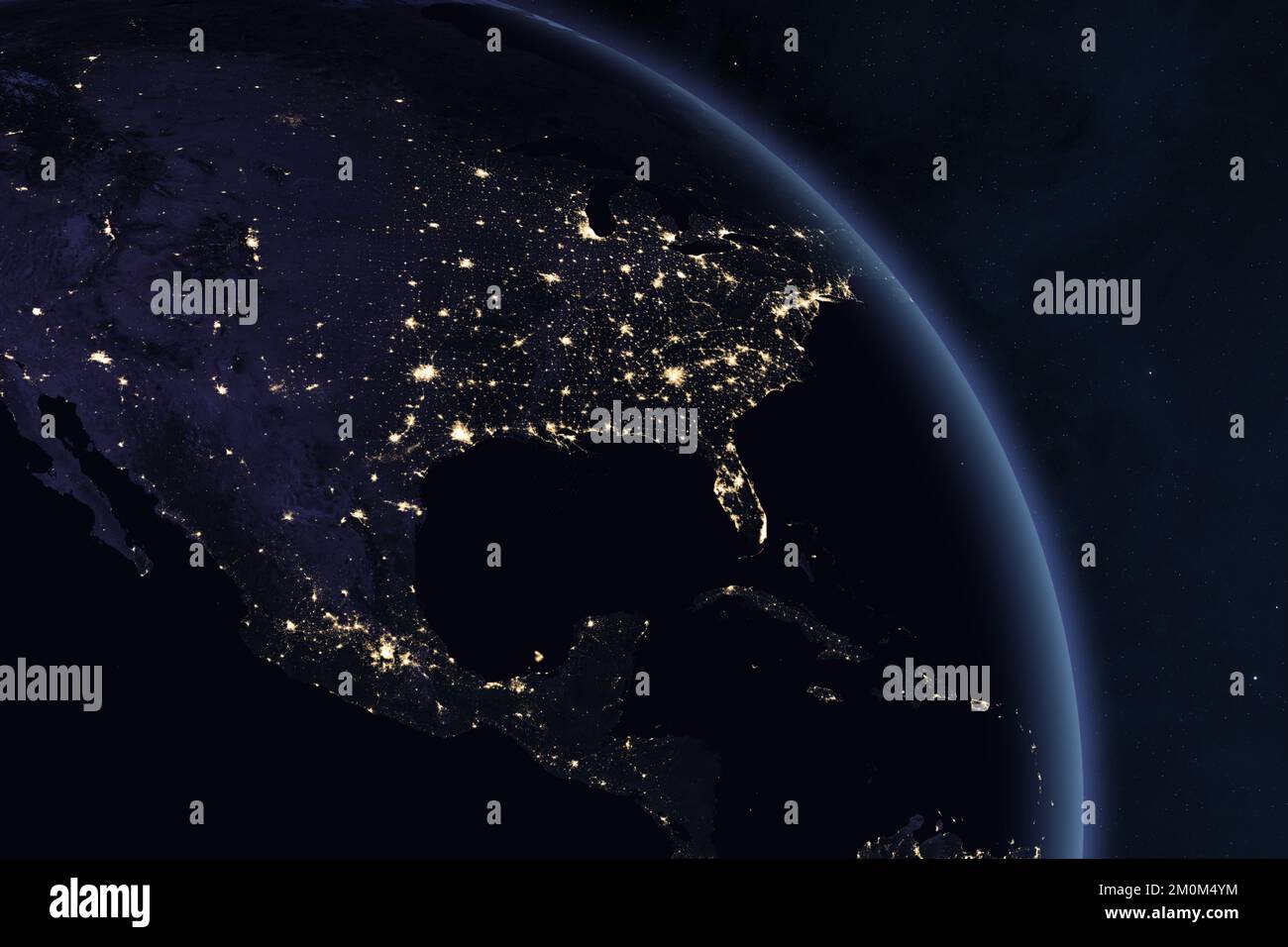 Planet Earth At Night. North and Central America at night viewed from space. View of United States from space. Elements furnished by NASA. Stock Photo