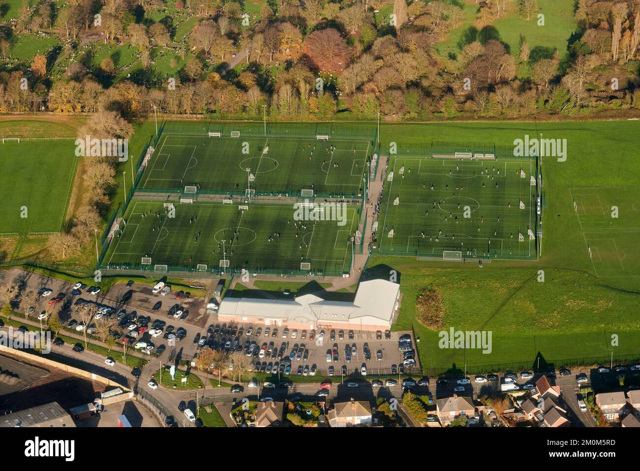 An aerial view of Local football teams playing and training , Liverpool