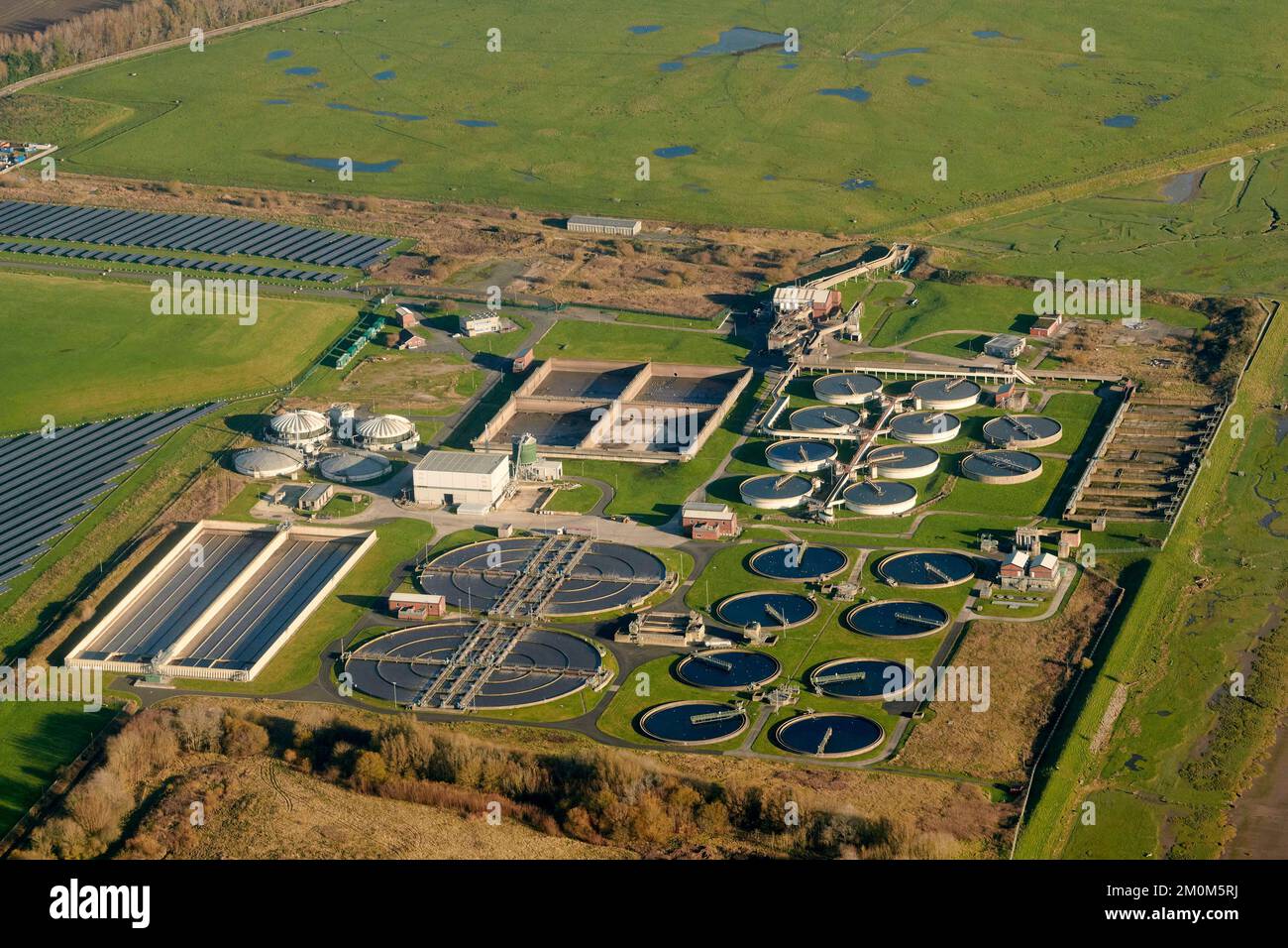 An aerial view of a water treatment works, west of Preston, North West England, UK Stock Photo