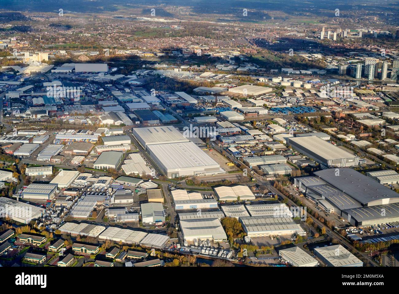 An aerial view of Trafford Park Industrial Estate, Manchester, North West England, UK Stock Photo