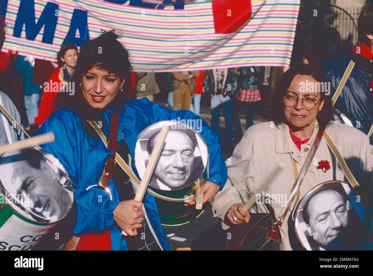 Women protesting during the general strike demonstration against the budget law, Rome, Italy 1994 Stock Photo