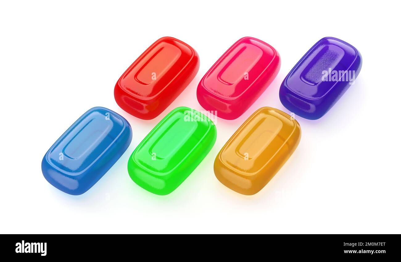 Six different fruit hard candies on white background Stock Photo Alamy