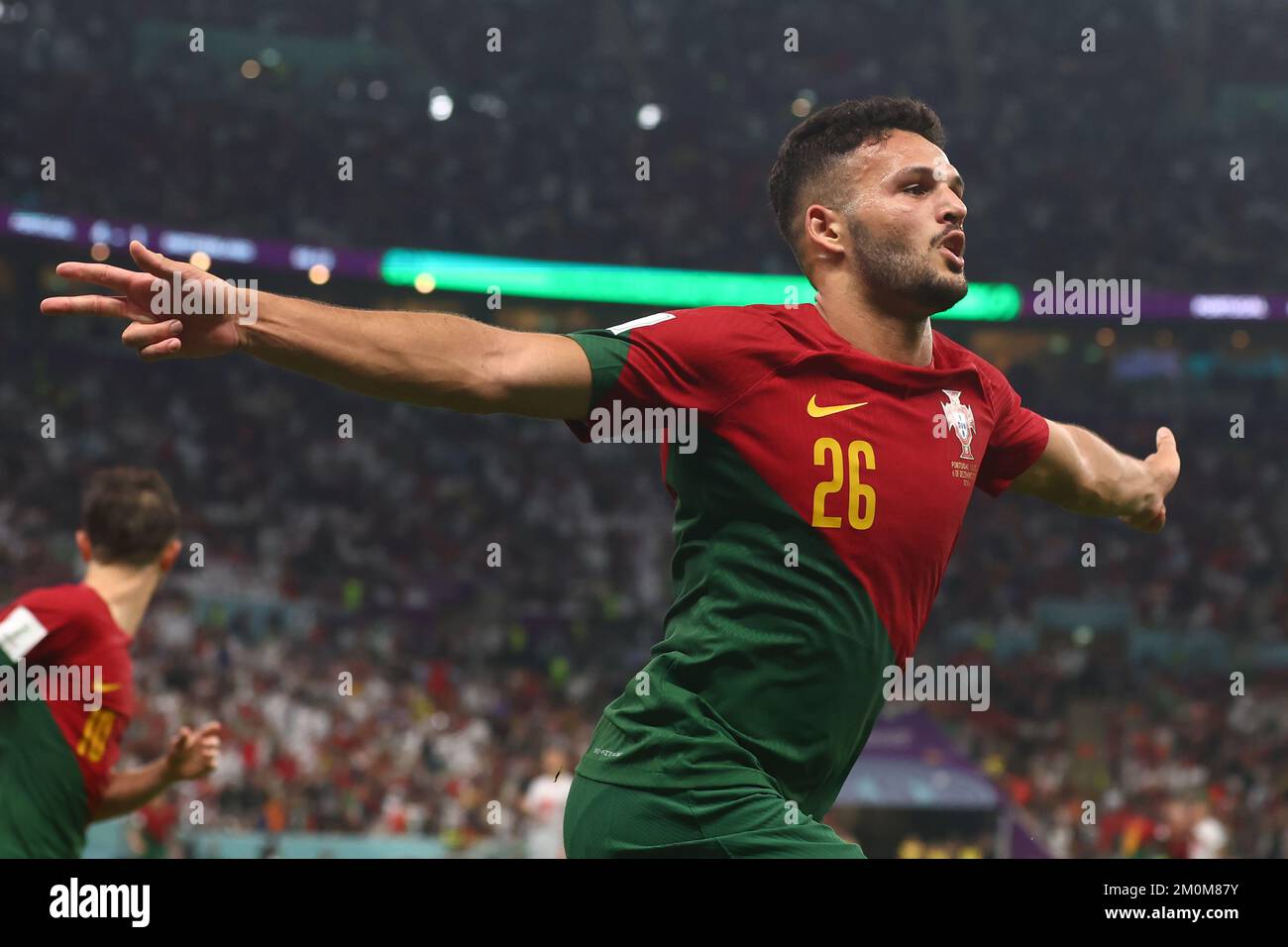 Doha, Qatar. 06th Dec, 2022. Goncalo Ramos of Portugal celebrates scoring his country's fifth goal during the 2022 FIFA World Cup Round of 16 match at Lusail Stadium in Doha, Qatar on December 06, 2022. Photo by Chris Brunskill/UPI Credit: UPI/Alamy Live News Stock Photo