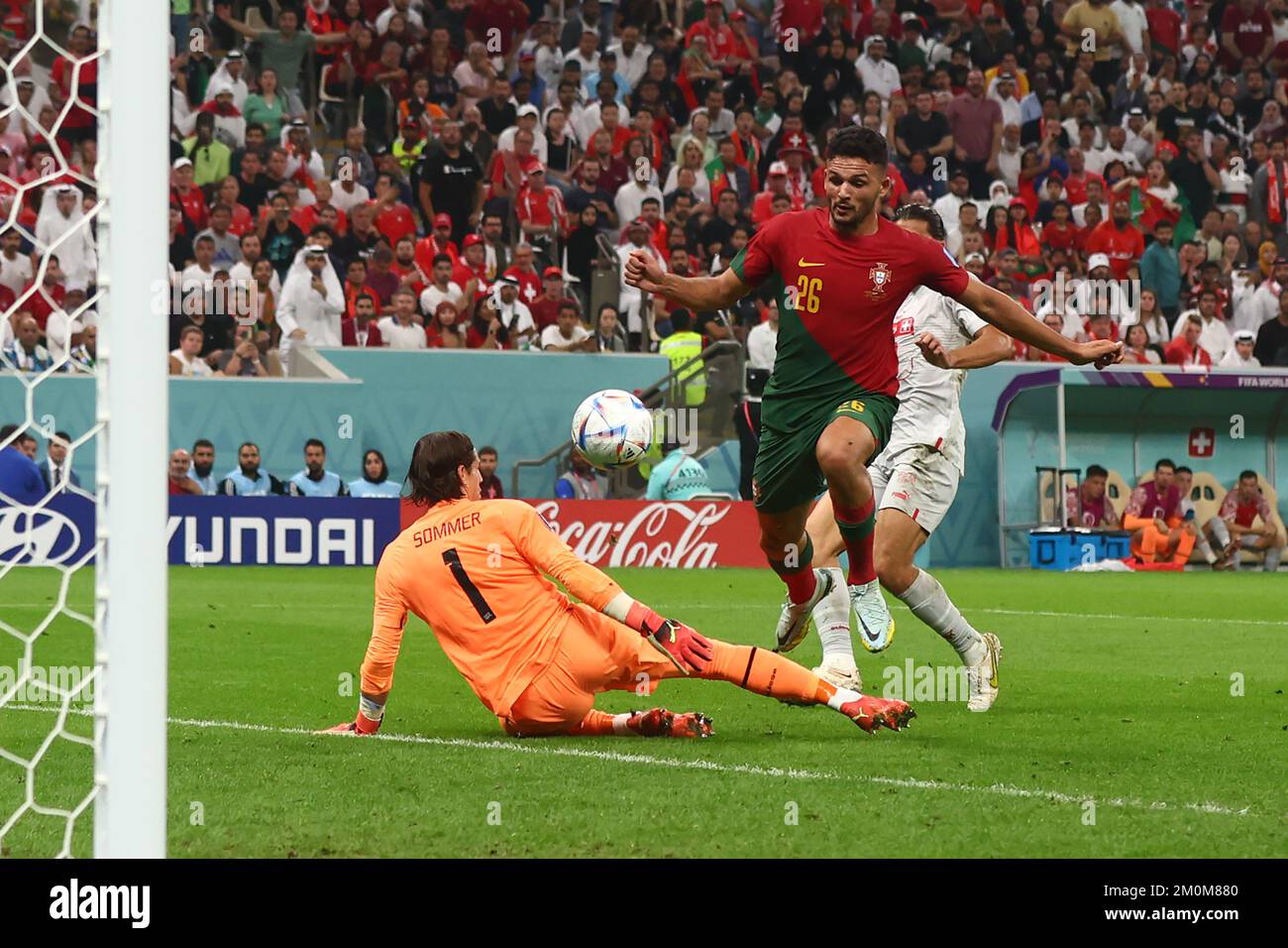 Doha, Qatar. 06th Dec, 2022. Goncalo Ramos of Portugal scores his country's fifth goal during the 2022 FIFA World Cup Round of 16 match at Lusail Stadium in Doha, Qatar on December 06, 2022. Photo by Chris Brunskill/UPI Credit: UPI/Alamy Live News Stock Photo