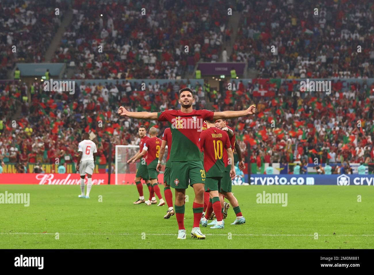 Doha, Qatar. 06th Dec, 2022. Goncalo Ramos of Portugal celebrates scoring his country's fifth goal during the 2022 FIFA World Cup Round of 16 match at Lusail Stadium in Doha, Qatar on December 06, 2022. Photo by Chris Brunskill/UPI Credit: UPI/Alamy Live News Stock Photo