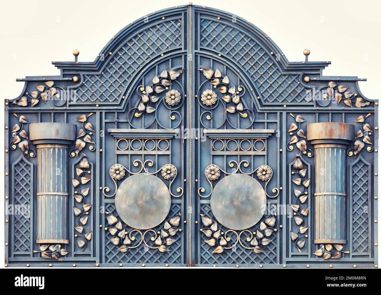 Expensive beautiful metal wrought iron gates. Automatic gate Stock