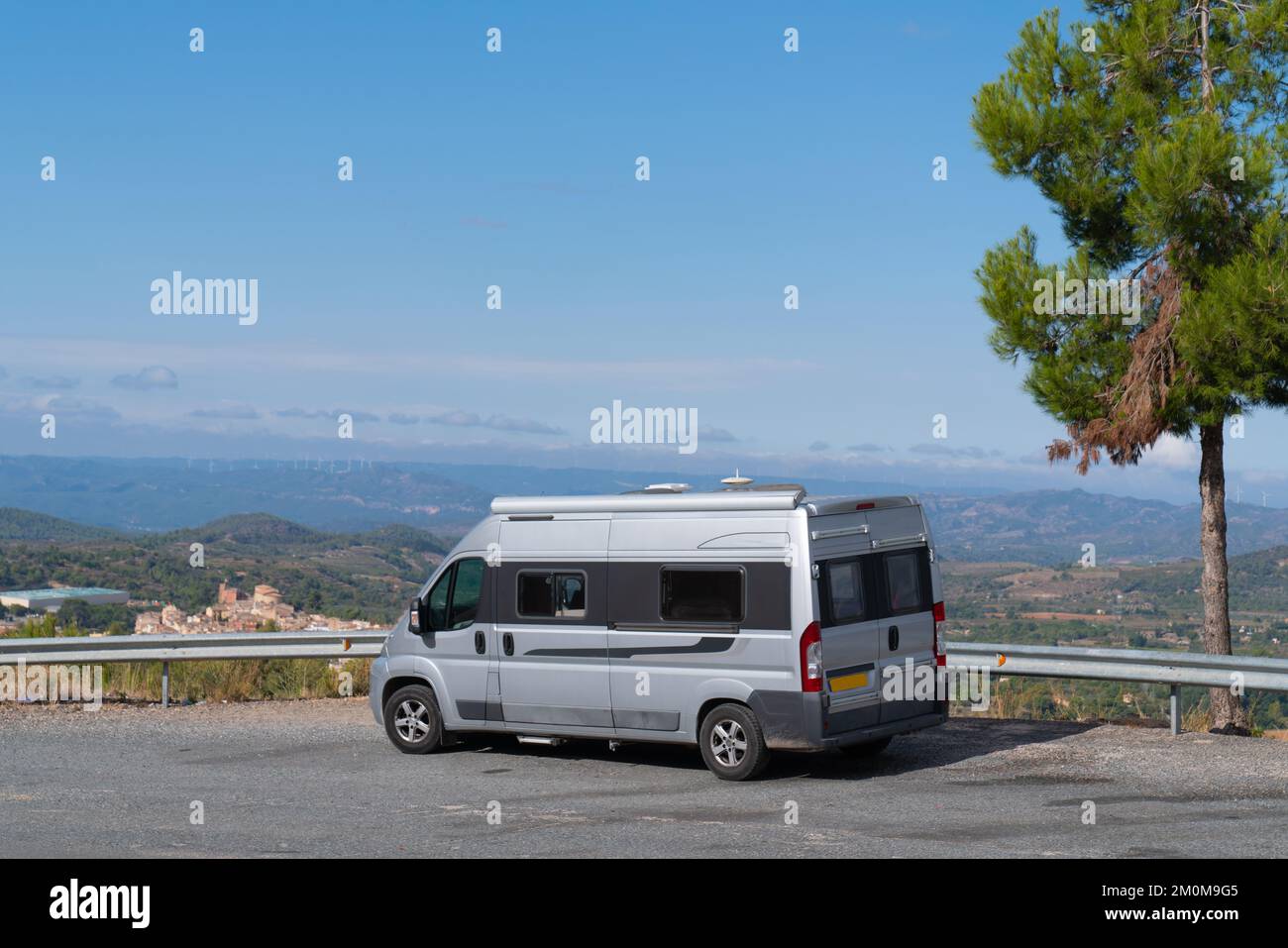 Motorhome campervan view of Spanish countryside and Falset village Priorat region Catalonia Spain famous for its wine Stock Photo