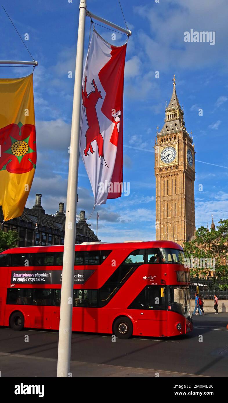 London icons, red bus, big ben, houses of parliament on the river Thames, England, UK, SW1A 0AA Stock Photo