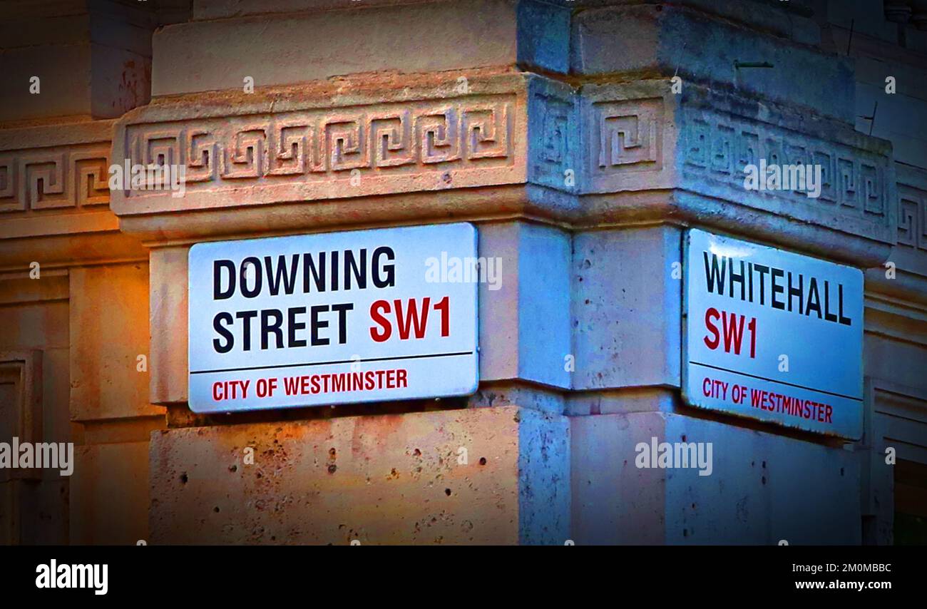 Illuminated Downing Street and Whitehall Westminster signs as Andy Burnham prepares to succeed Keir Starmer as UK prime minister, SW1 Stock Photo