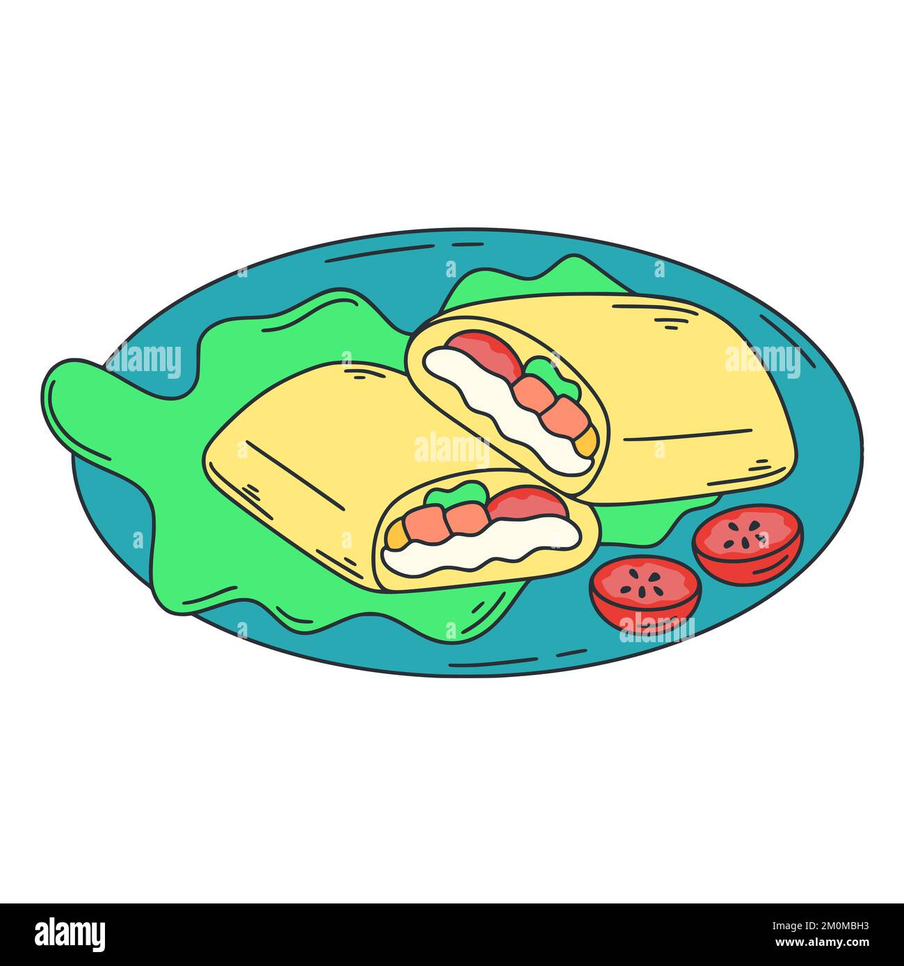 National mexican dish burrito color doodle illustration. Wheat tortilla with stuffing clip-art. latin american food vector Stock Vector