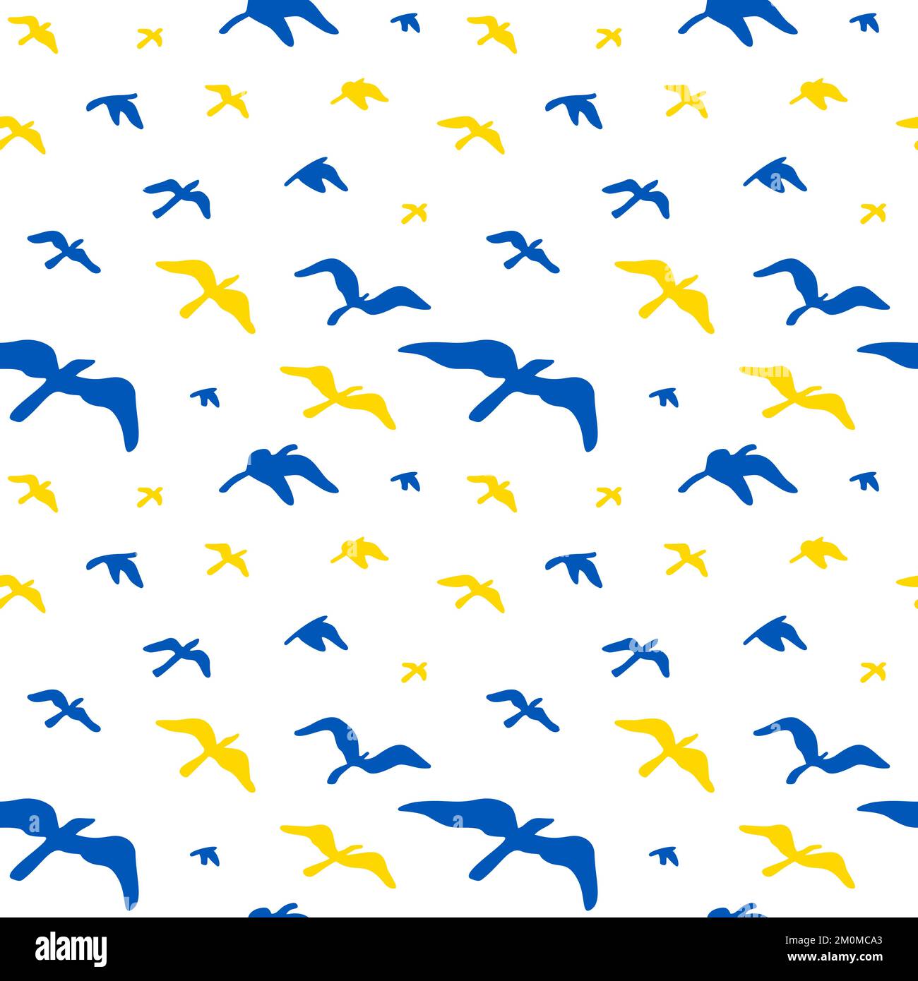 Seamless pattern with flying birds in Ukrainian flag yellow and blue colors. Vector illustration Stock Vector