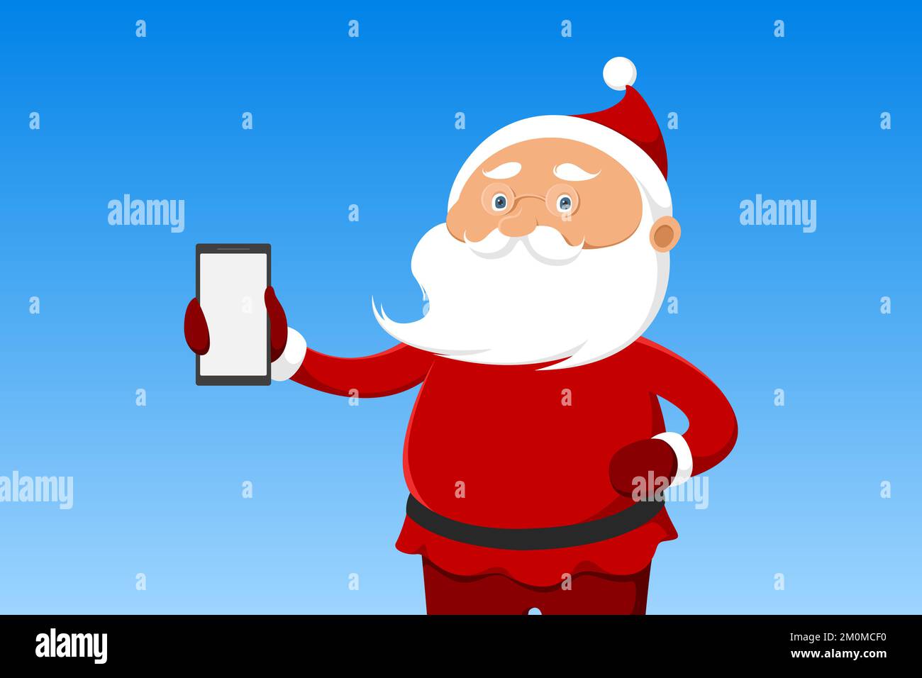 Santa Claus hold smartphone. Vector illustration. Stock Vector