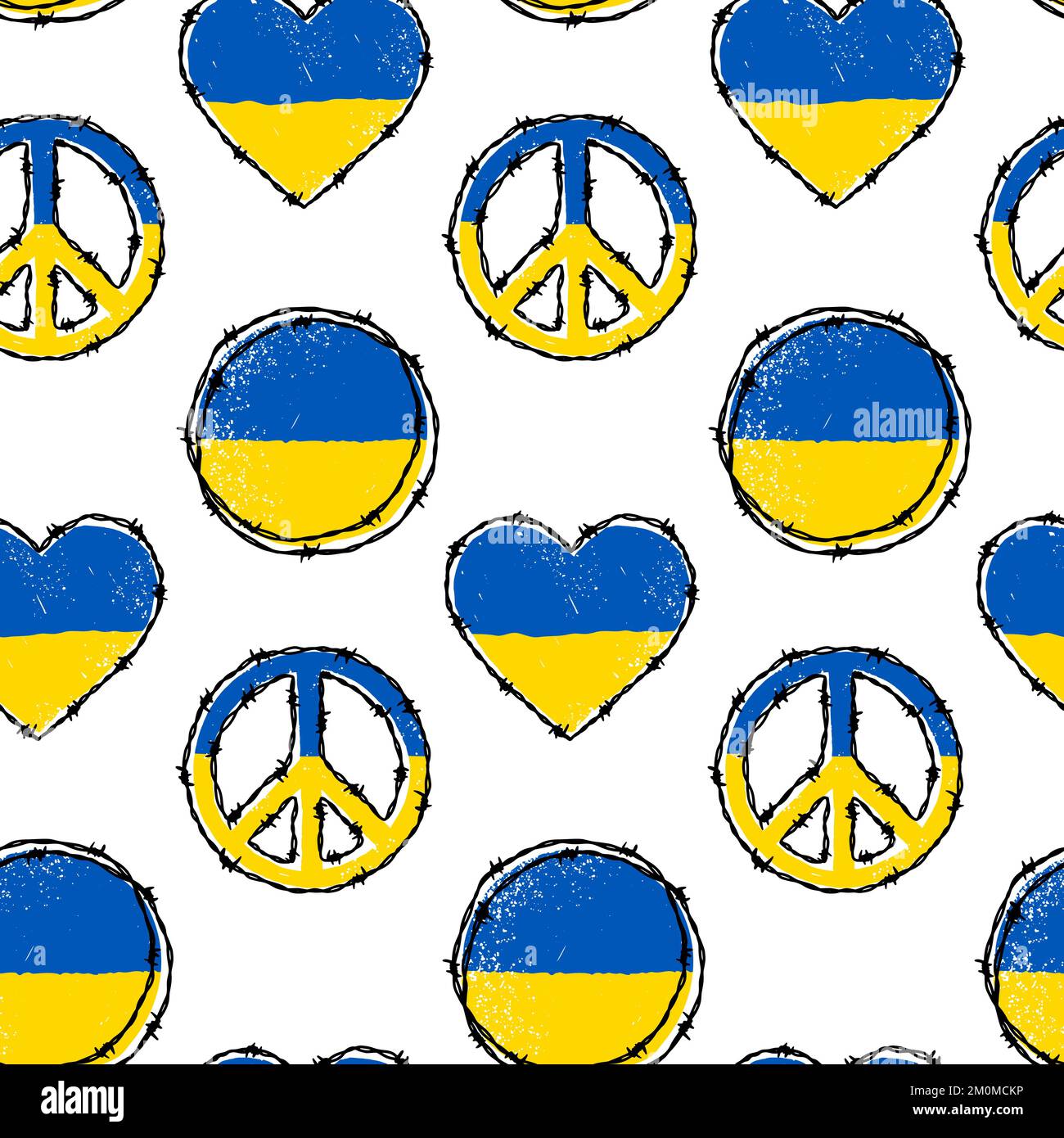 Ukraine symbols textured seamless pattern. Background in Ukrainian flag yellow and blue colors. Vector illustration Stock Vector