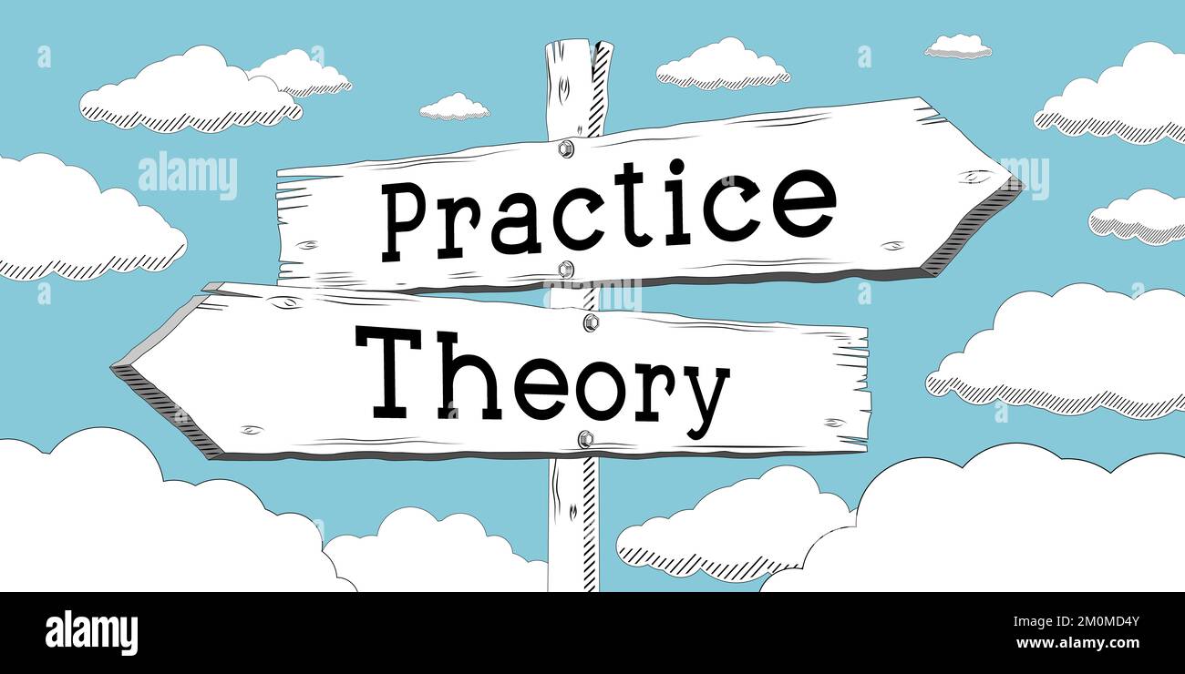 Theory and practice outline signpost with two arrows Stock Photo Alamy