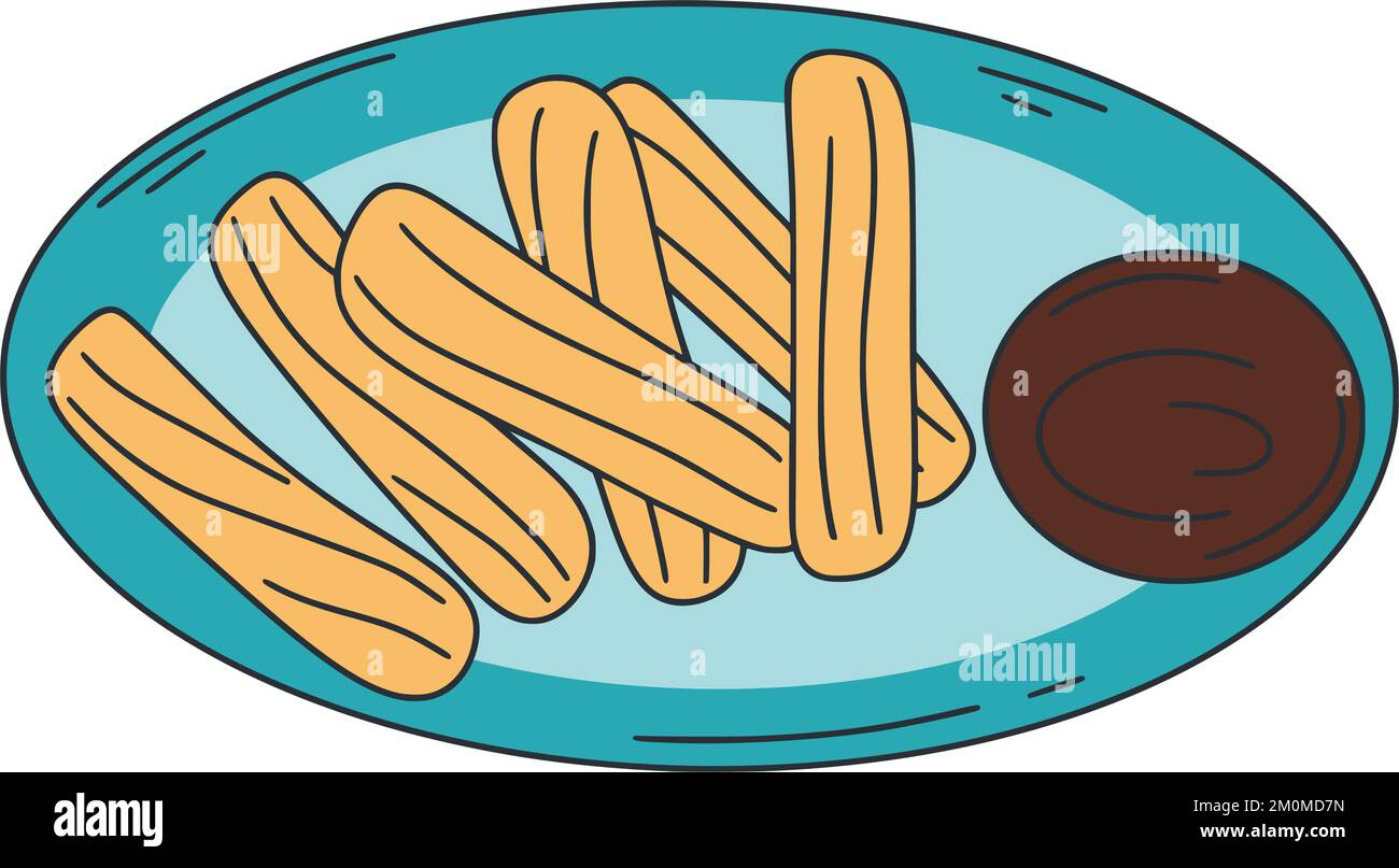 Churros colored doodle illustration. Sweet fried choux pastry clip art. Latin American food vector. Dessert for breakfast pastries with chocolate Stock Vector