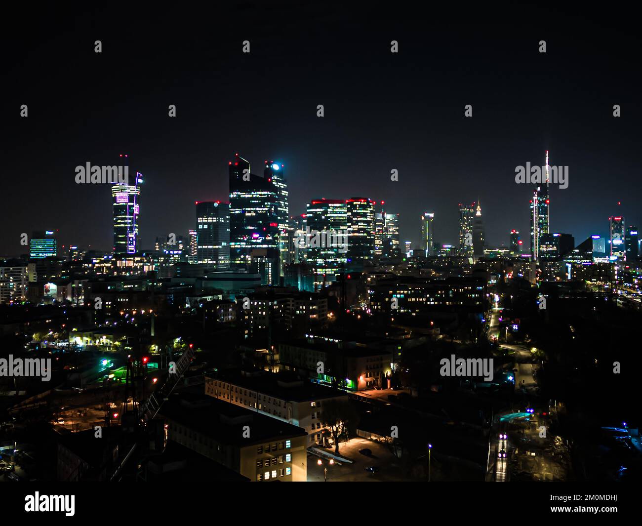 Aerial view at Warsaw downtown by night, from the top of Palace of ...