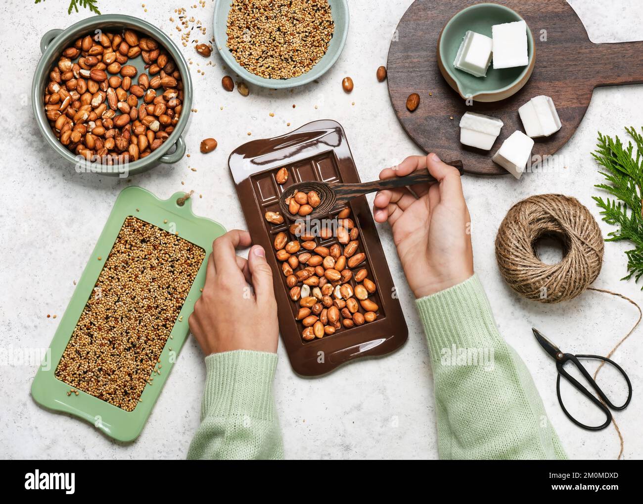 Step 1. Child filling the chocolate bar form with peanuts. Children education concept. Help people to animals. Top view. Stock Photo