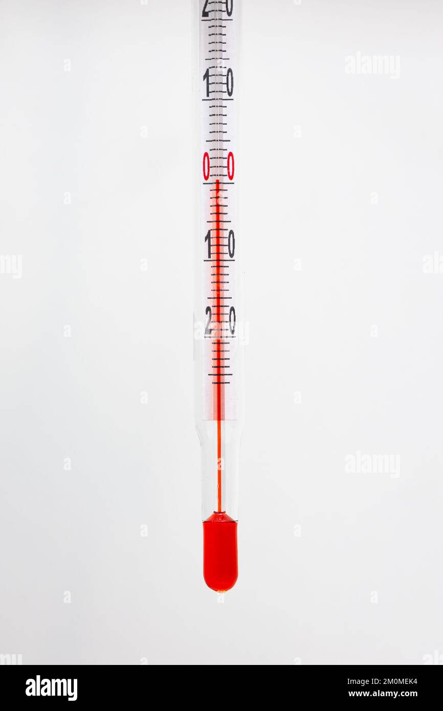 Analog thermometer indicating a temperature of zero degrees Celsius Stock Photo