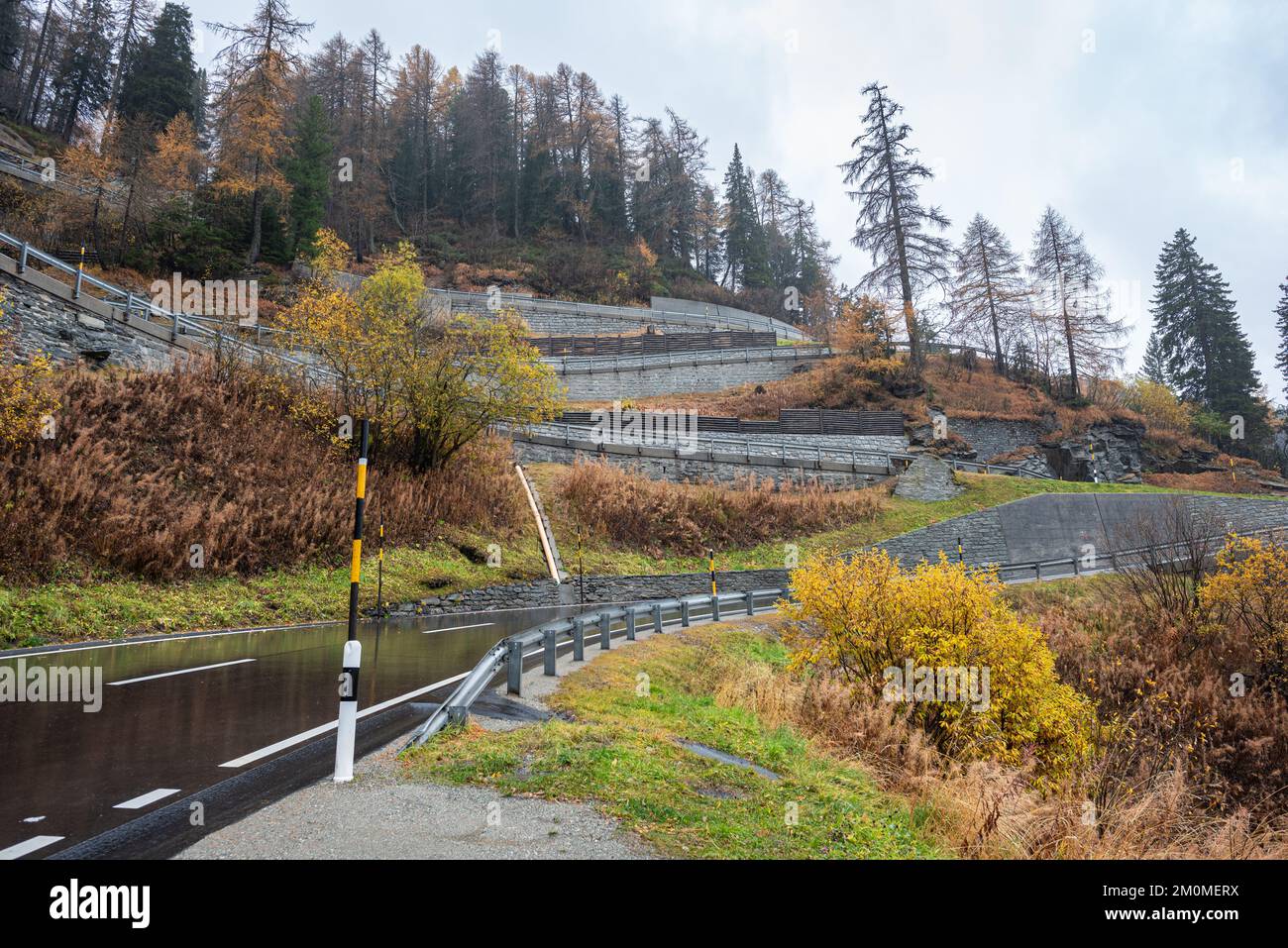 Hairpin road on the way to the Maloja Pass in Graubünden, Switzerland Stock Photo