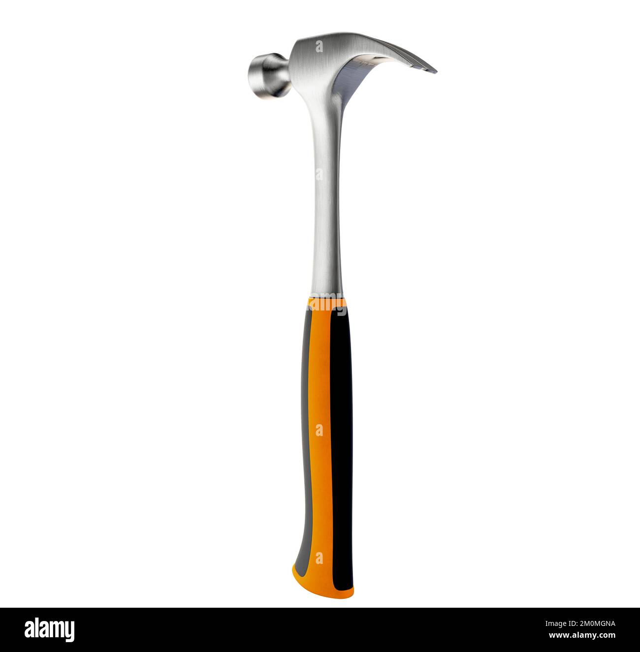 A regular metal claw hammer with an orange handle on a isolated white