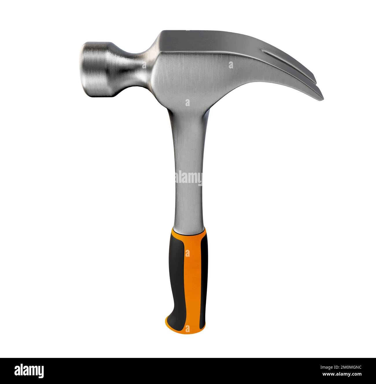 A regular metal claw hammer with an orange handle on a isolated white