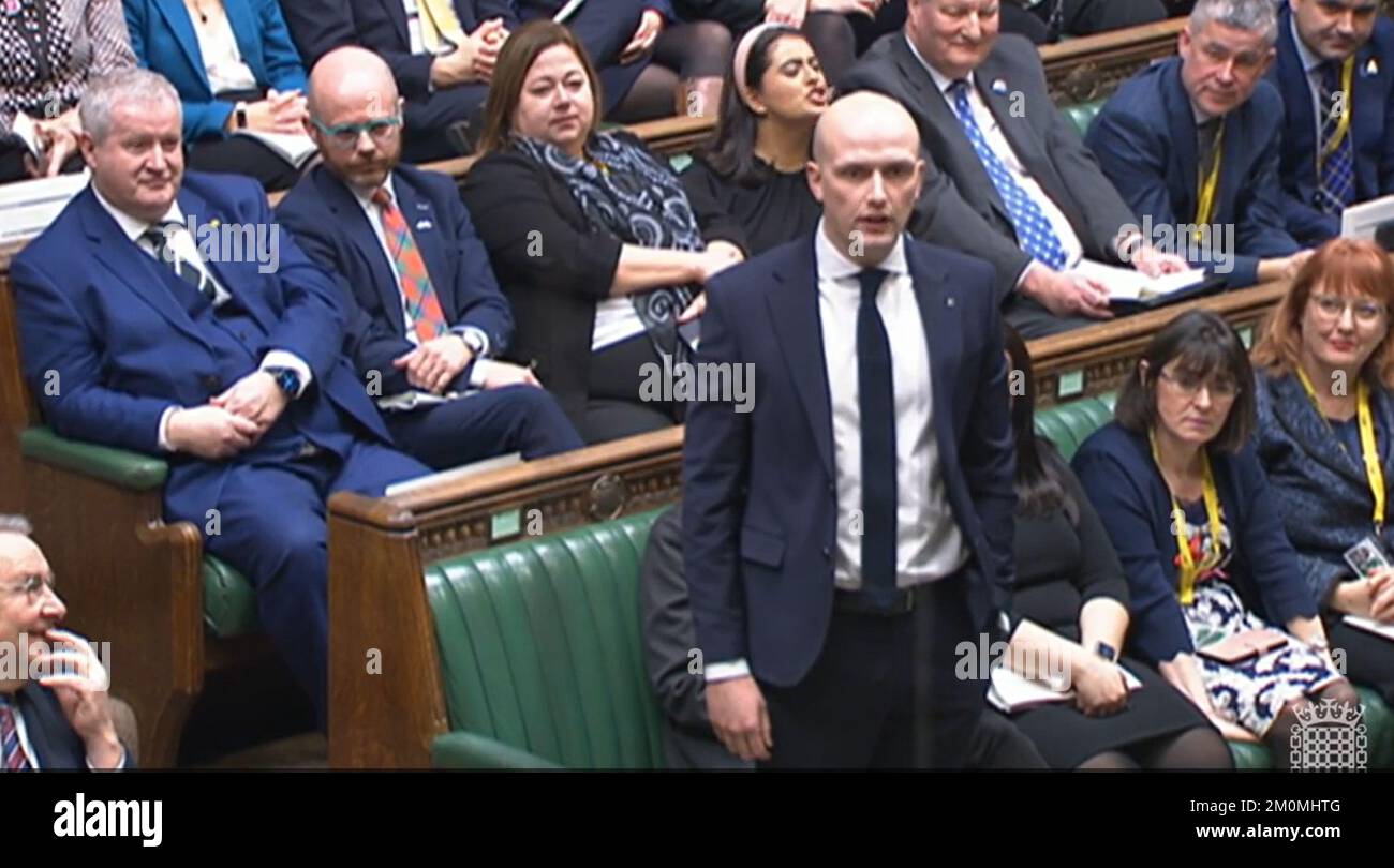 Stephen Flynn, the new leader of the SNP at Westminster, replacing the outgoing Ian Blackford, speaks during Prime Minister's Questions in the House of Commons, London. Picture date: Wednesday December 7, 2022. Stock Photo