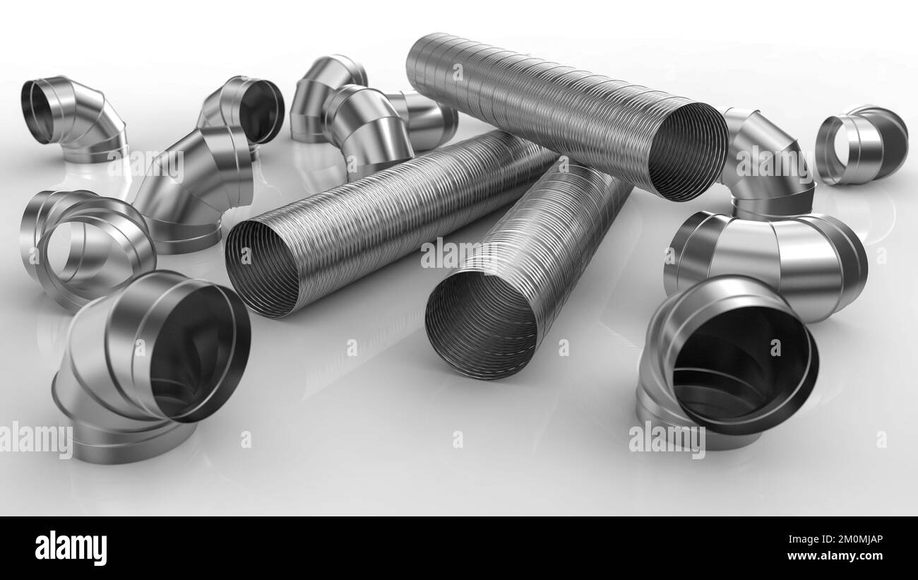 Galvanized elbow spiral duct for air conditioning and ventilation systems in industrial equipment. Stock Photo