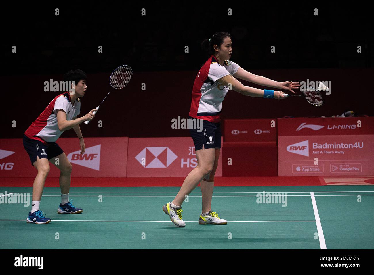 Zhang Shu Xian (L) and Zheng Yu (R) of China seen in action during the Womens double Badminton in the HSBC BTW World Tour Finals 2022 at Nimibutr Stadium in Bangkok.The result