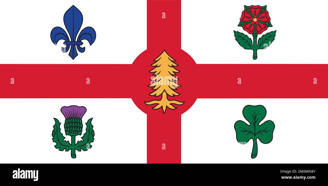 Top view of flag Montreal, Quebec Canada. Canadian travel and patriot concept. no flagpole. Plane layout, design. Flag background Stock Photo