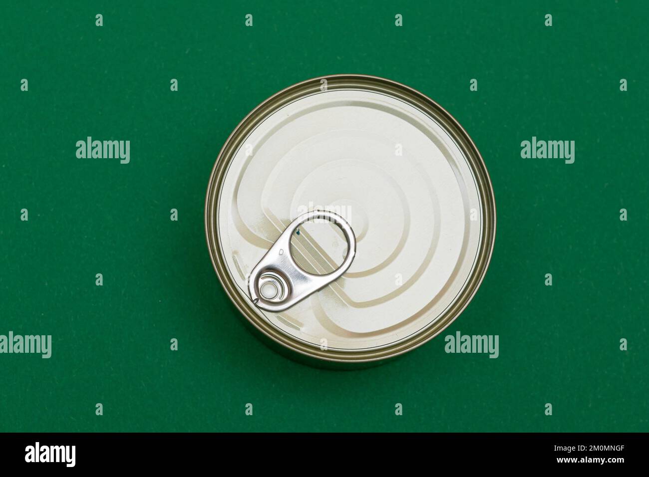 Unopened Tin Can with Blank Edge on Green Background. Canned Food